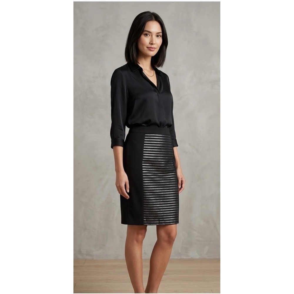 Halogen Black Striped Metallic Panel Pencil Skirt Size 8 Knee Length Office